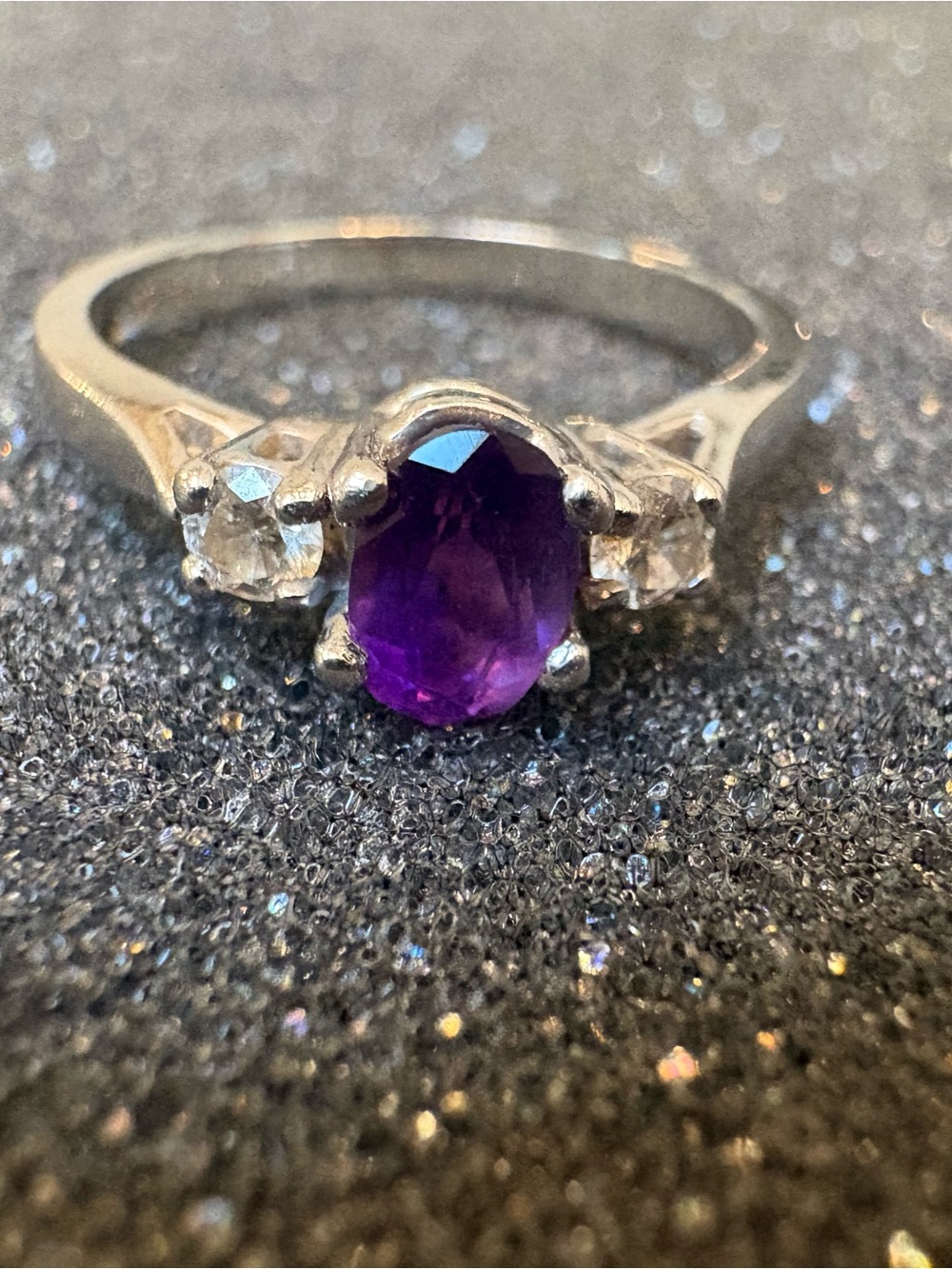 Stunning 14K White Gold Three-Stone Amethyst & Diamond Ring